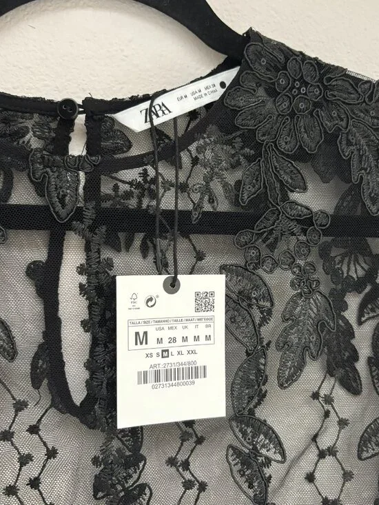 Zara Black Embroidered Lace Sheer Midi Dress Long Sleeve NWT M - Picture 3 of 6